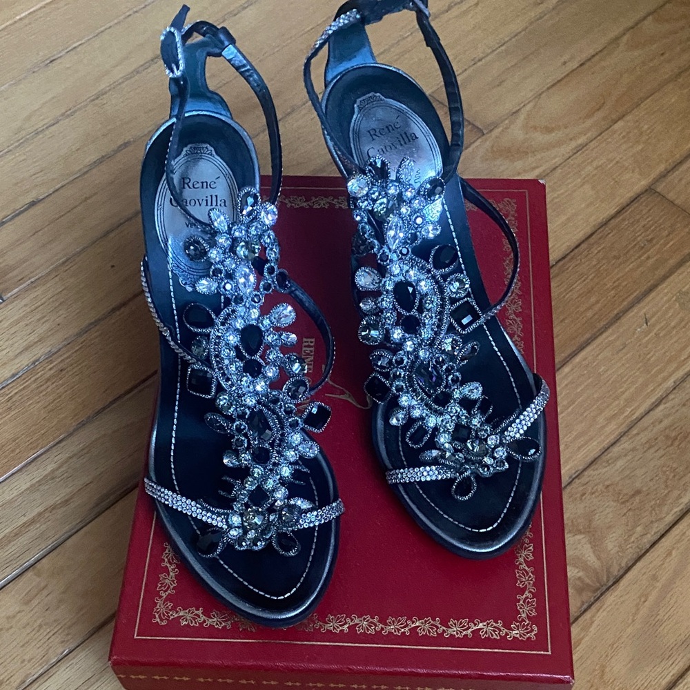 Rene Caovilla Black and Silver Embellished Heels